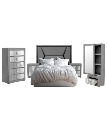 Recámara IHSAN KS de 5 Piezas – Gris Glaciar con Acabados de Espejo (King Size).